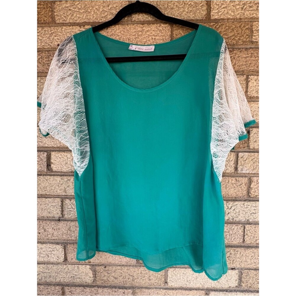 Love Notes Teal Green Blouse with White Lace Sleeves